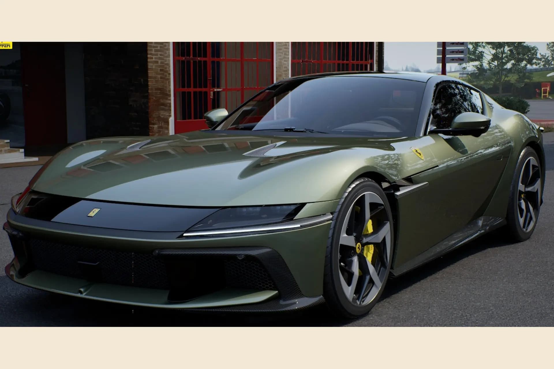 A green Ferrari photographed outside a brick building