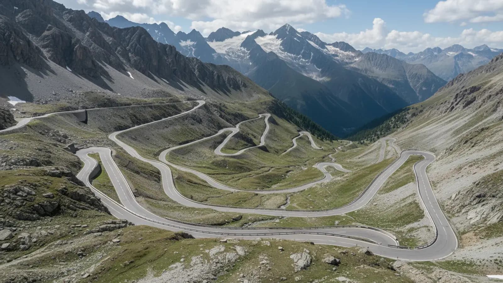 A winding mountain road with successive hairpin bends